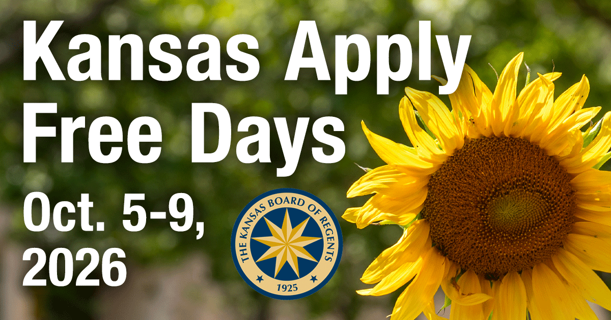 An picture of a sunflower next to the Kansas Board of Regents logo. Text says that Kansas Apply Free Days will be held October 5th to the 9th in 2026.