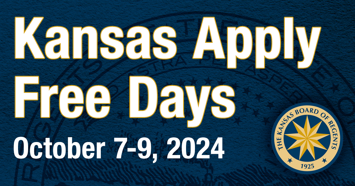 Apply Free Days Facebook Post. It is a blue background with the Kansas Board of Regents logo. Text on the image says "Kansas Apply Free Days October 5-9, 2026"