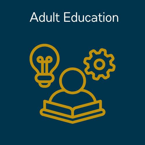 A graphic of an individual reading a book. A light bulb and a gear are behind the person. Text says "Adult Education"