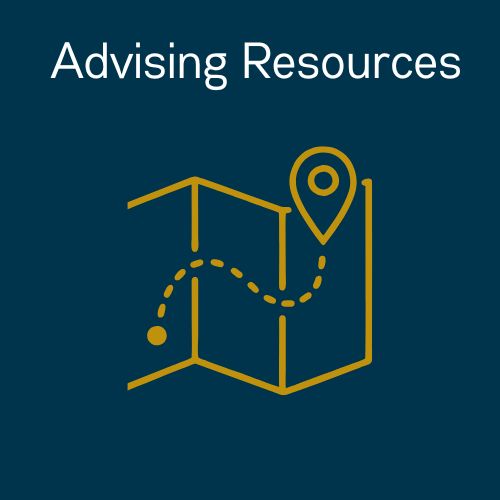 An illustration of a map with a route drawn on it. Text says "Advising Resources"